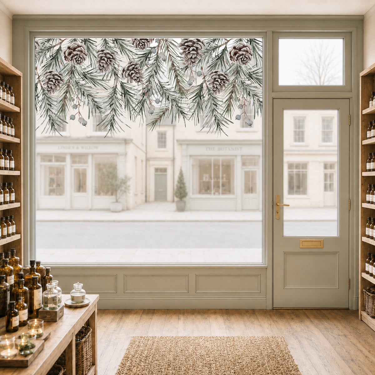 Winter Pine Cone Home or Shop Window Decal Border for Christmas Decor