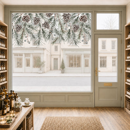 Winter Pine Cone Home or Shop Window Decal Border for Christmas Decor