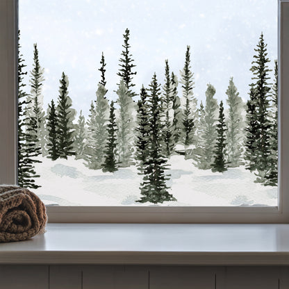 Winter Pine Forest Window Cling Border - Christmas Decor for Shops or Homes