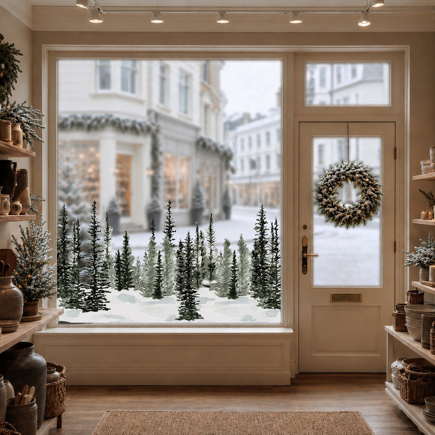 Winter Pine Forest Window Cling Border - Christmas Decor for Shops or Homes