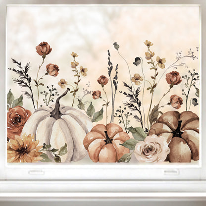 Earthy Flowers & Pumpkin Window Decal Border for Shop Autumn Decor
