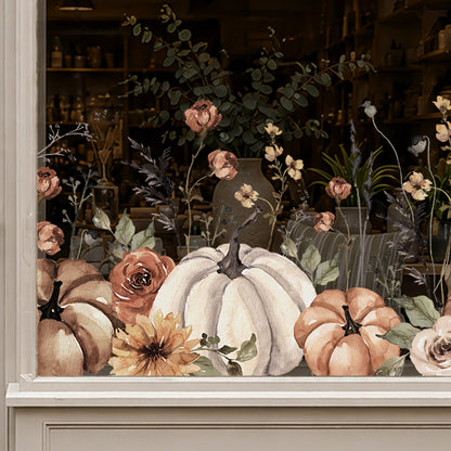 Earthy Flowers & Pumpkin Window Decal Border for Shop Autumn Decor