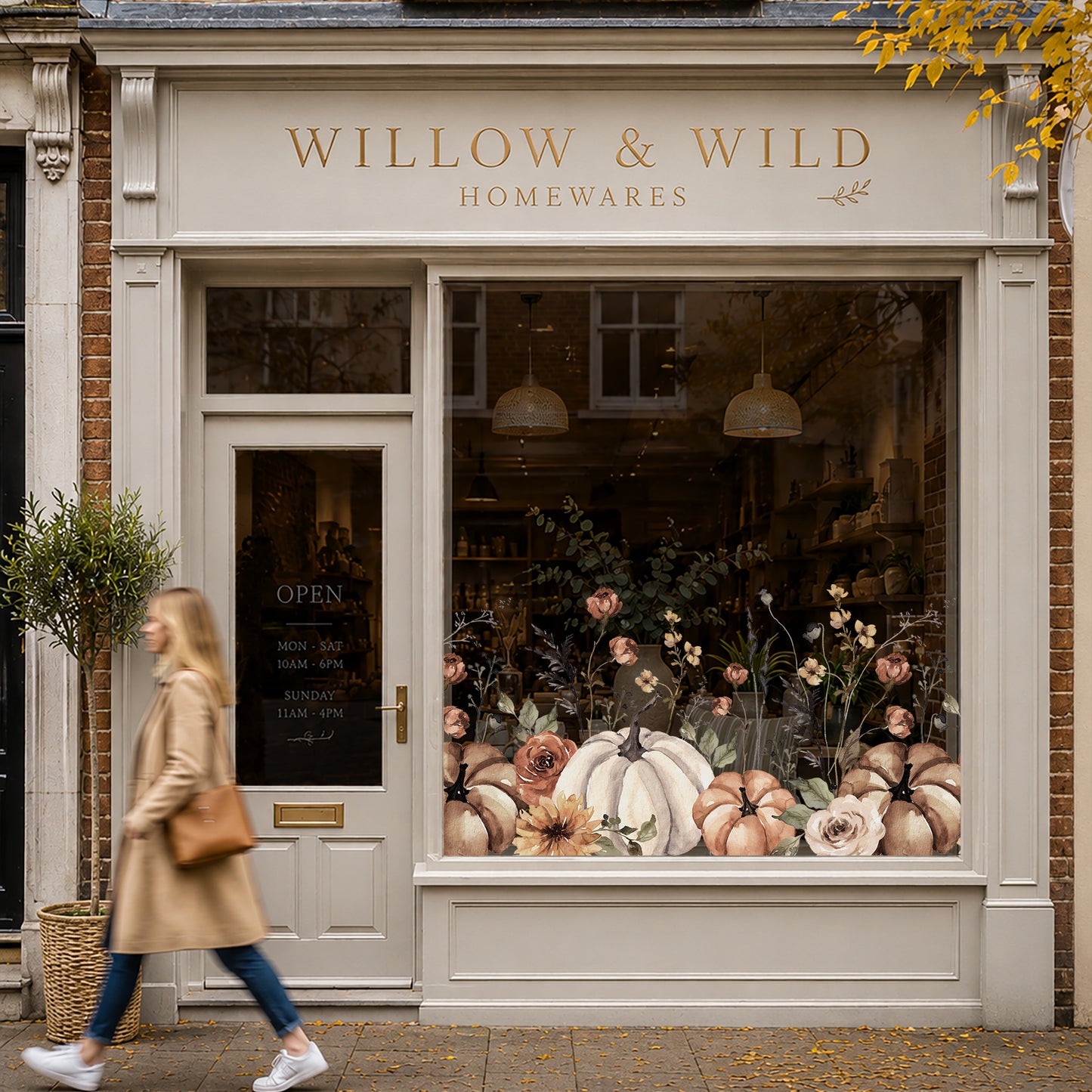 Earthy Flowers & Pumpkin Window Decal Border for Shop Autumn Decor