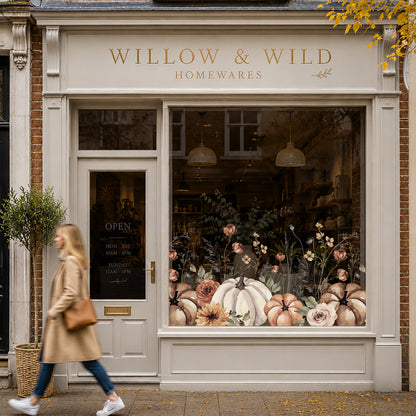 Earthy Flowers & Pumpkin Window Decal Border for Shop Autumn Decor