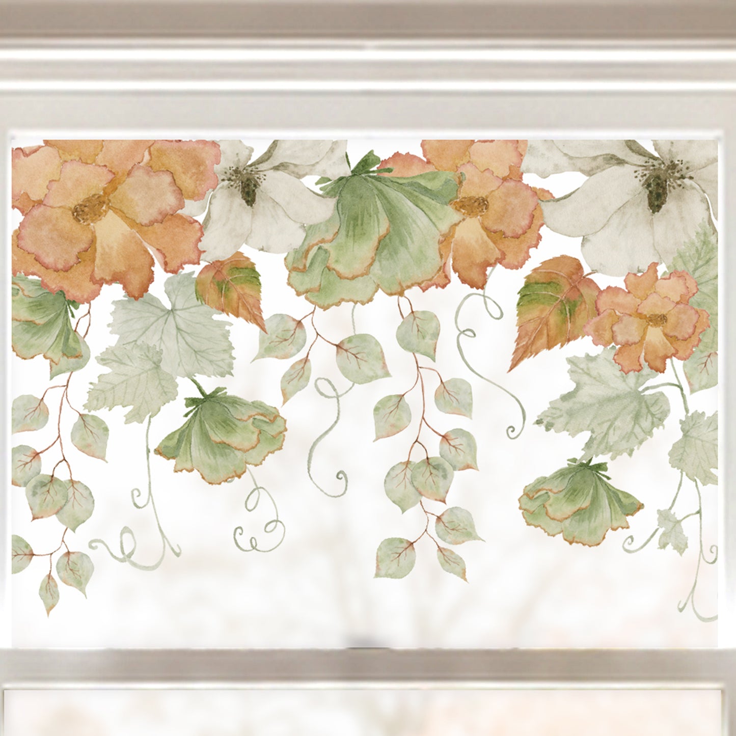 Orange White Green Flowers Shop Window Decal Border for Autumn Decor