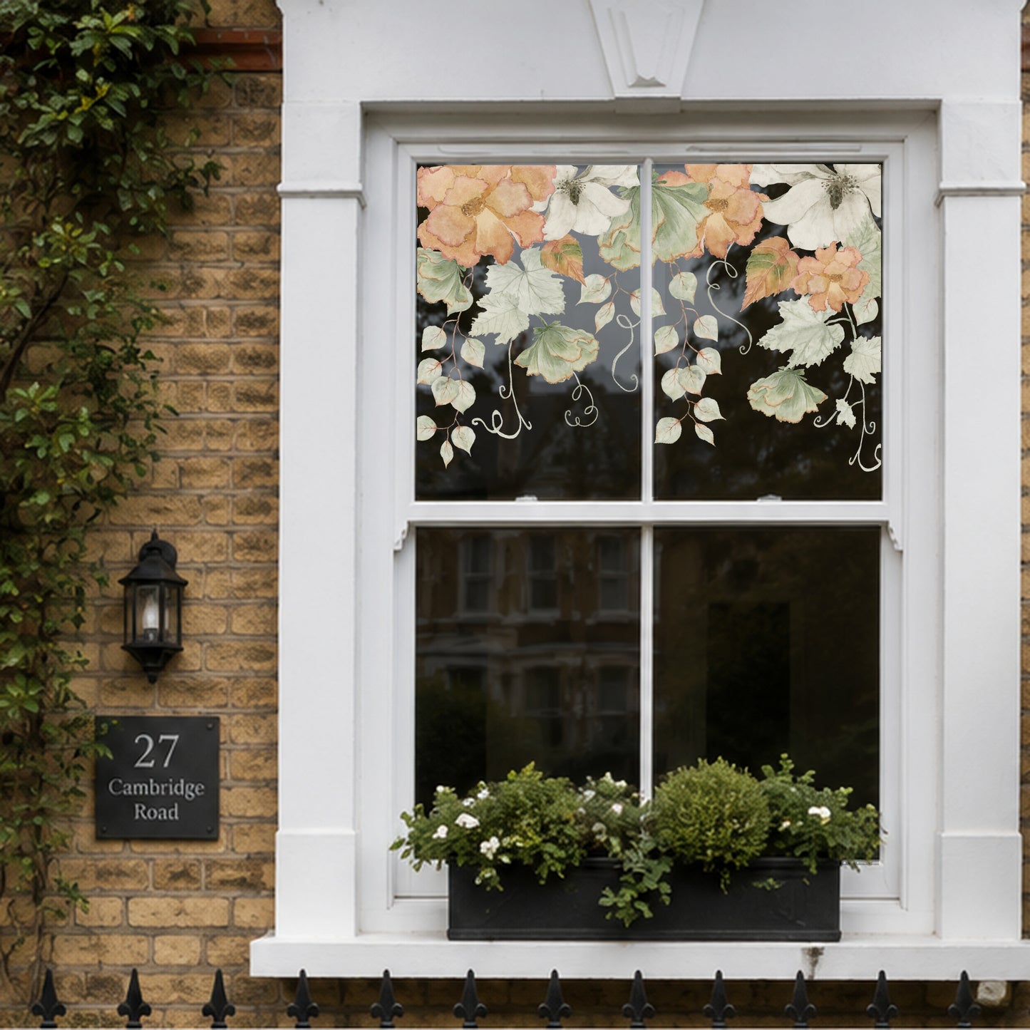 Orange White Green Flowers Shop Window Decal Border for Autumn Decor