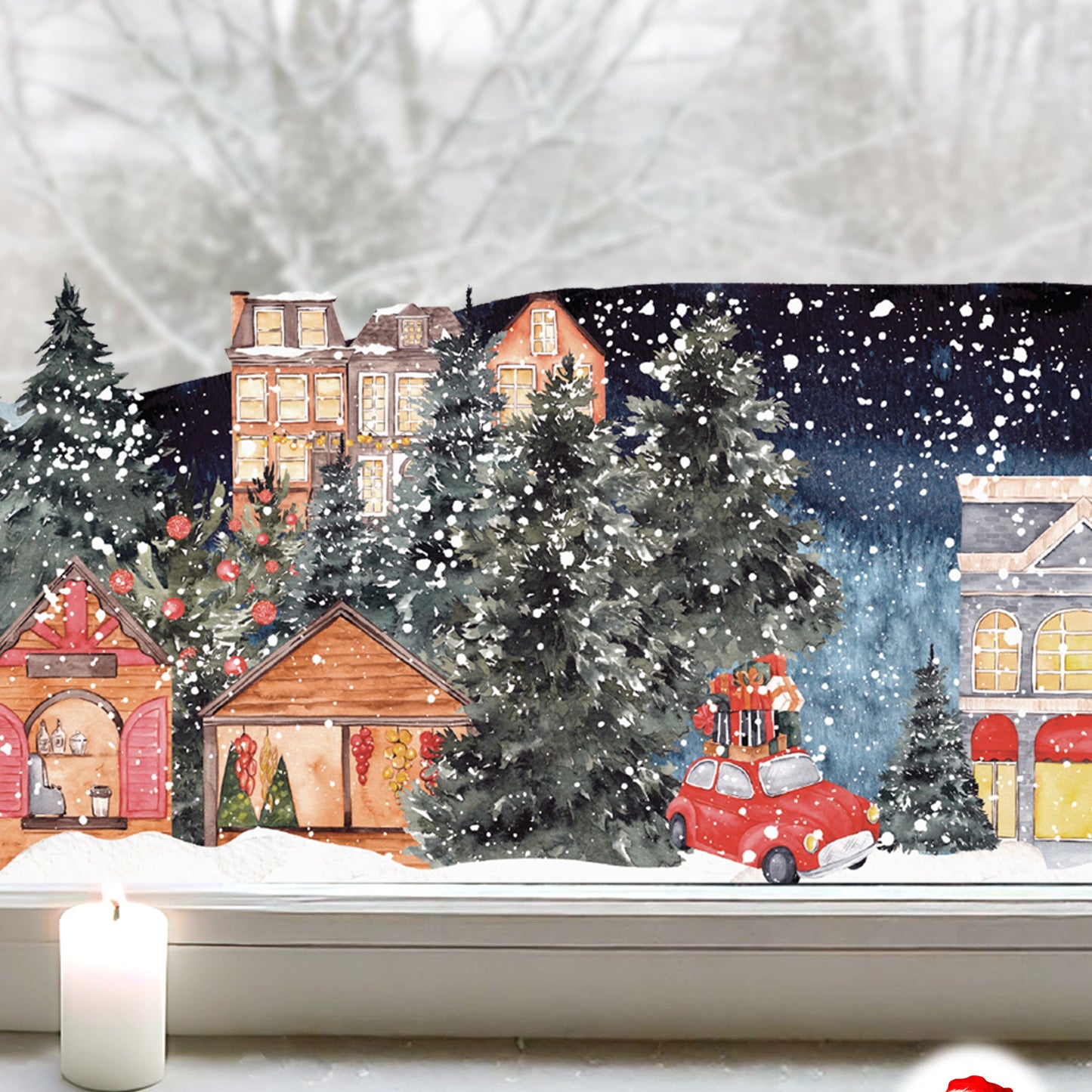 Festive Town Winter Village Window Decal Border