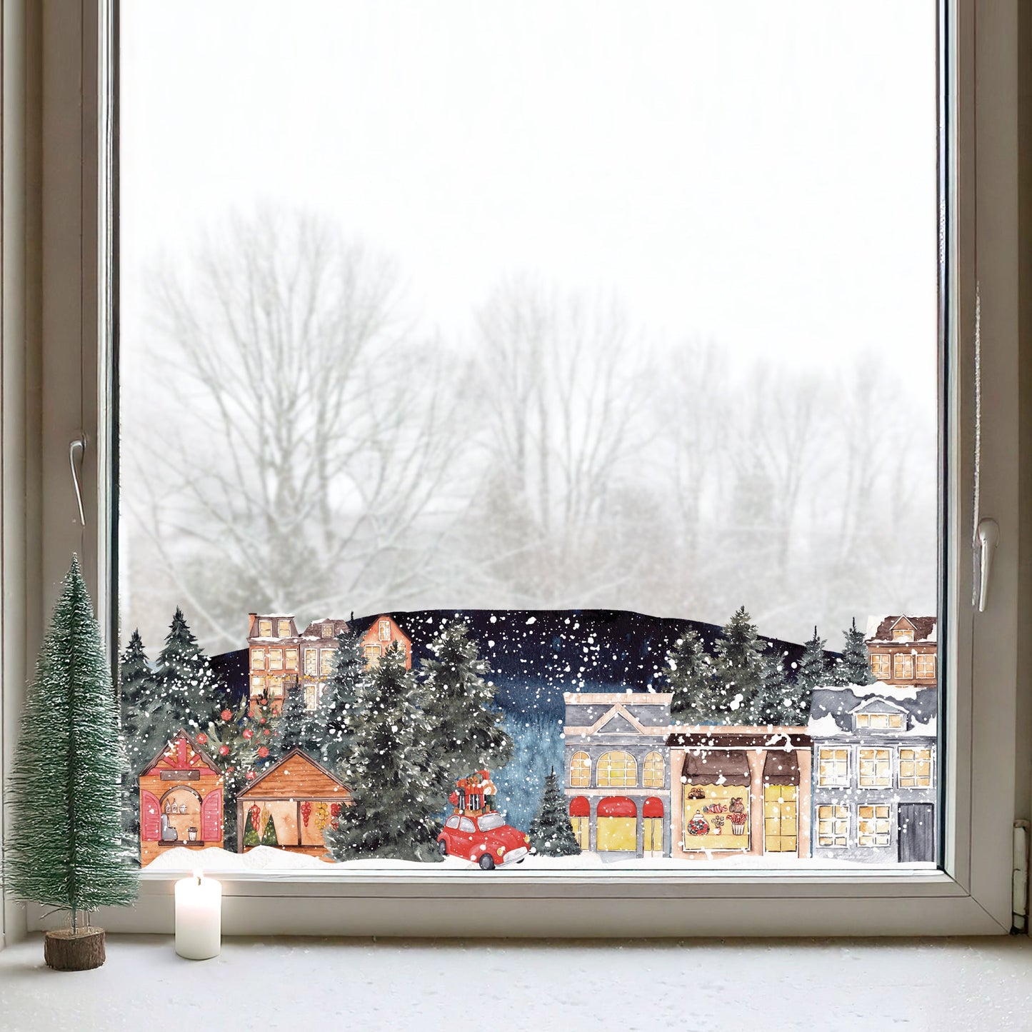 Festive Town Winter Village Window Decal Border