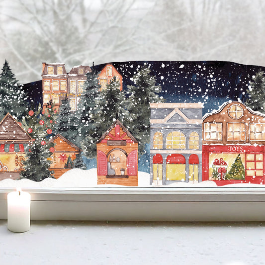Festive Town Winter Village Window Decal Border