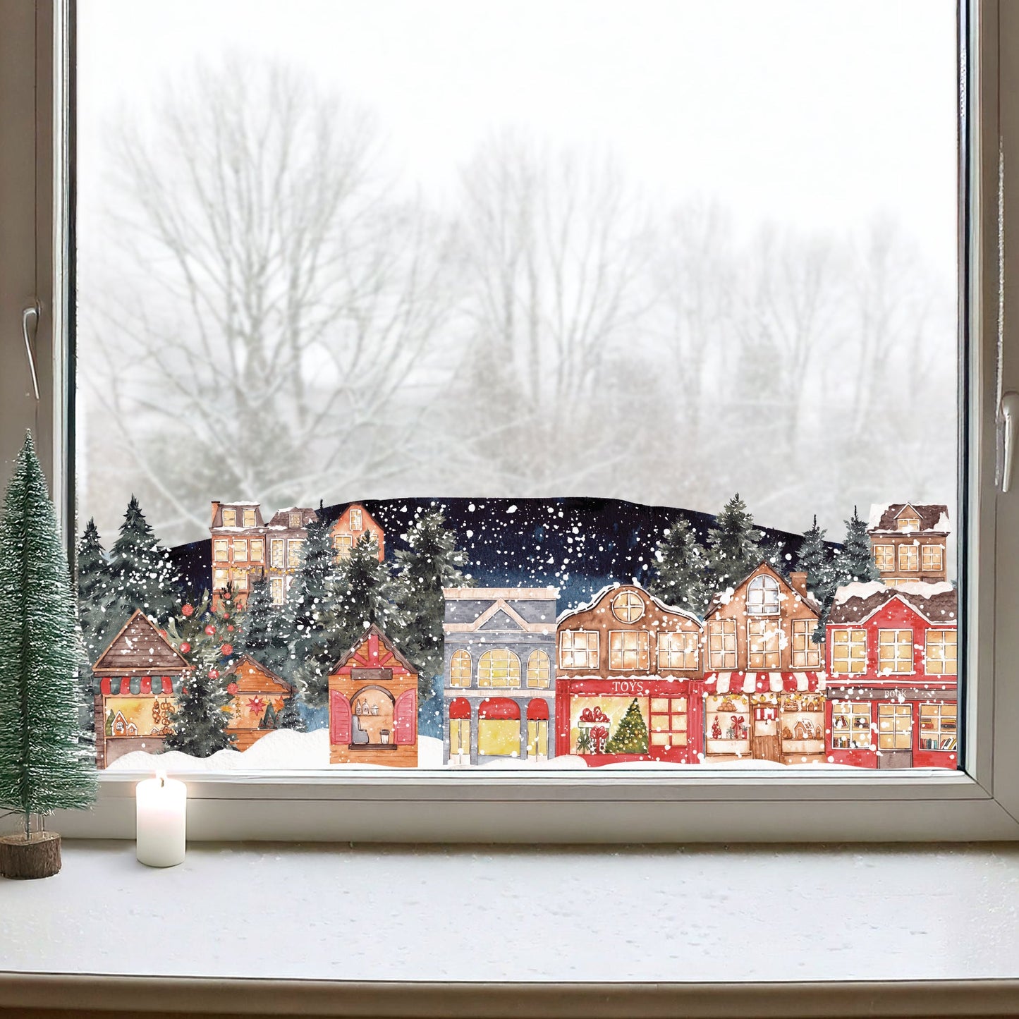 Festive Town Winter Village Window Decal Border
