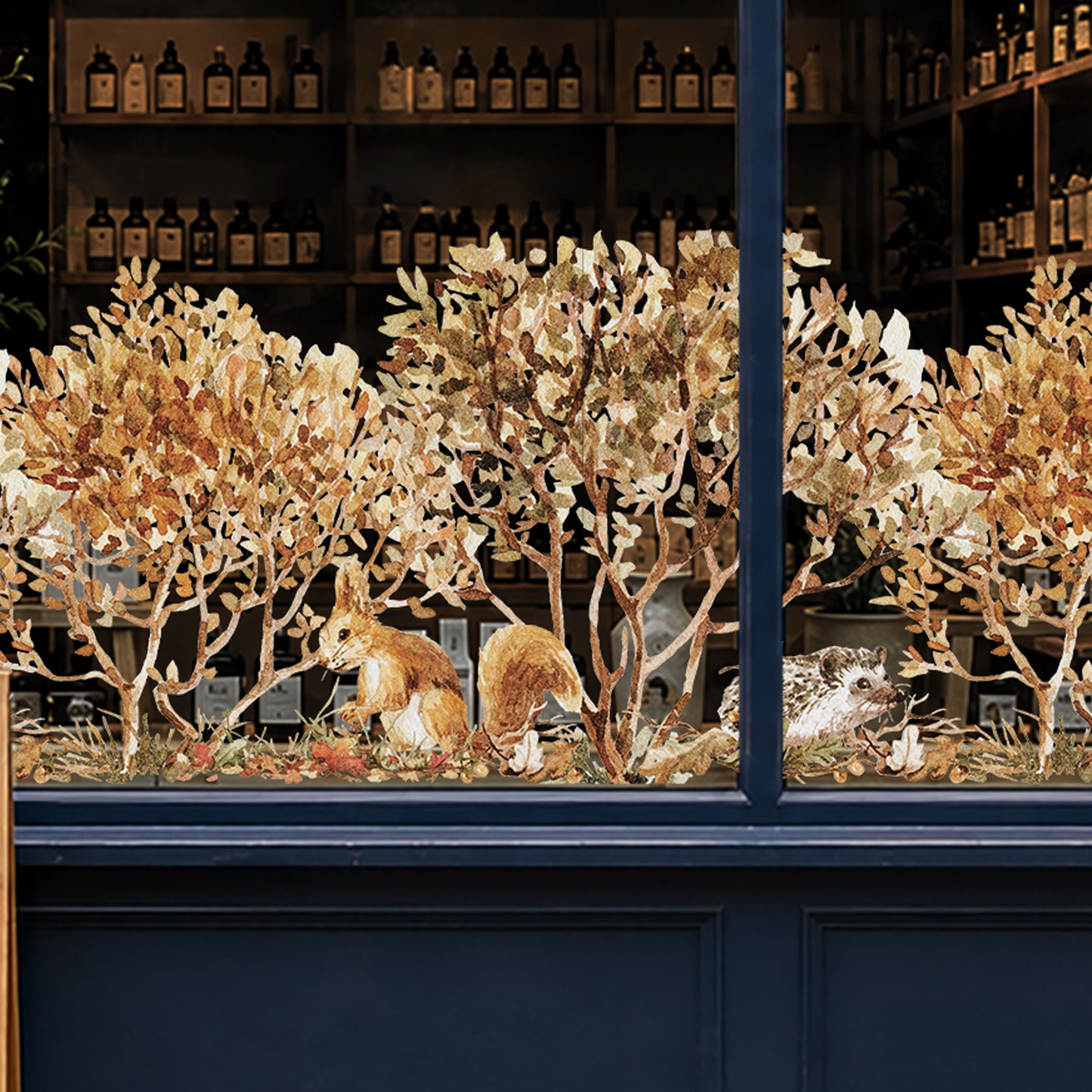 Forest Squirrel & Hedgehog Window Cling for Autumn Display