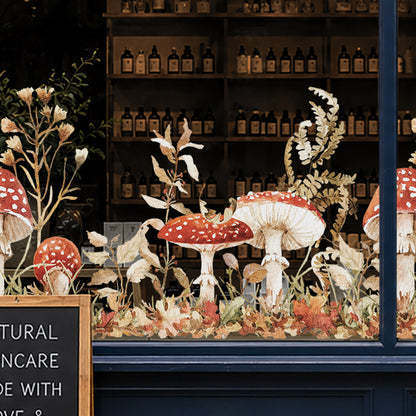 Forest Red Mushrooms Window Decal Border for Shop Autumn Decor