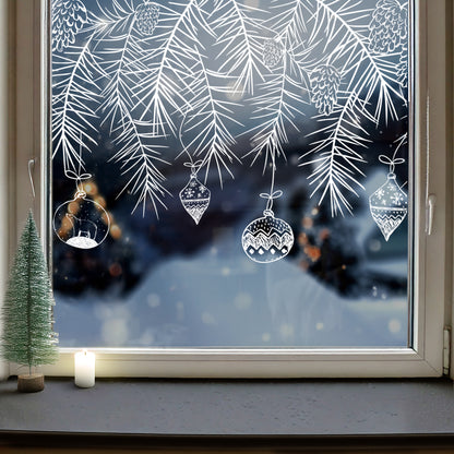 Hand Drawn White Pine & Baubles Window Decal Border