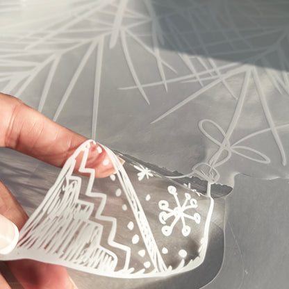 White Hand Drawn Christmas Tree & Bauble Window Clings