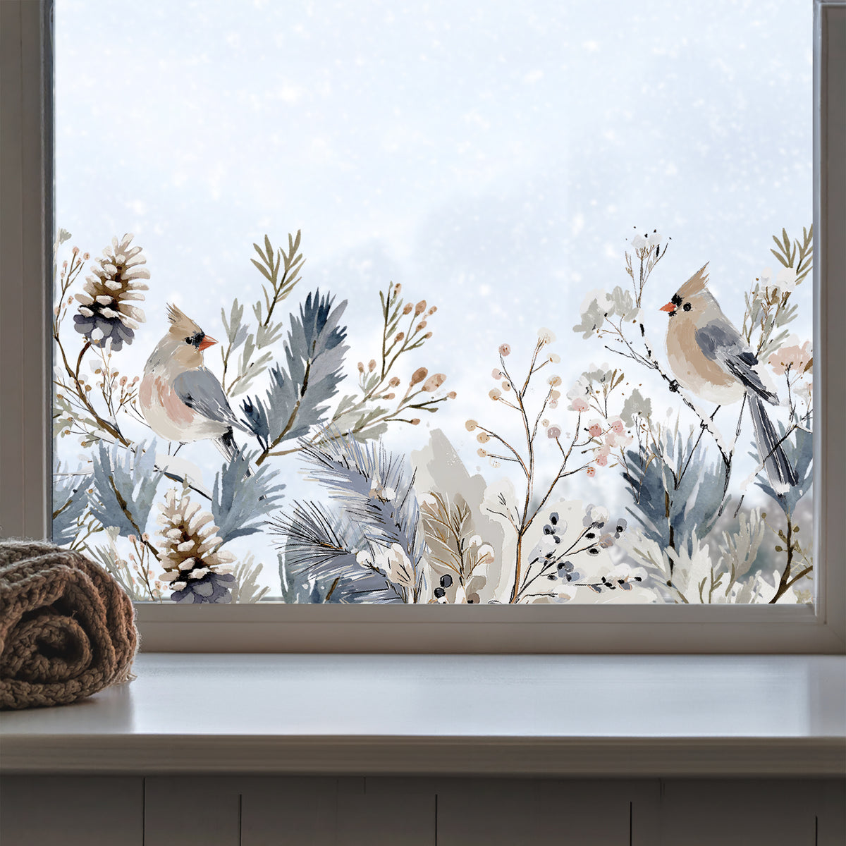 Winter Bird & Flowers Shop Window Decal Border for Christmas Decor