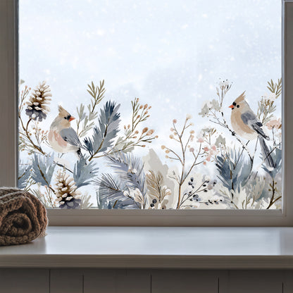 Winter Bird & Flowers Shop Window Decal Border for Christmas Decor