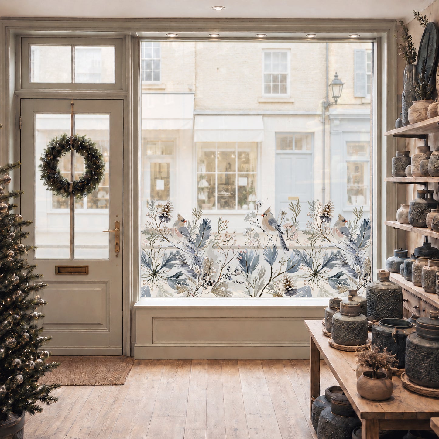 Winter Bird & Flowers Shop Window Decal Border for Christmas Decor