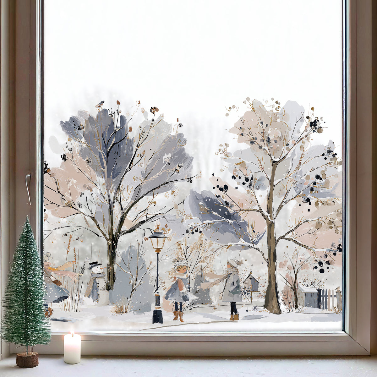 Girls In Winter Forest Window Cling Border for Shop or Home Christmas Decoration