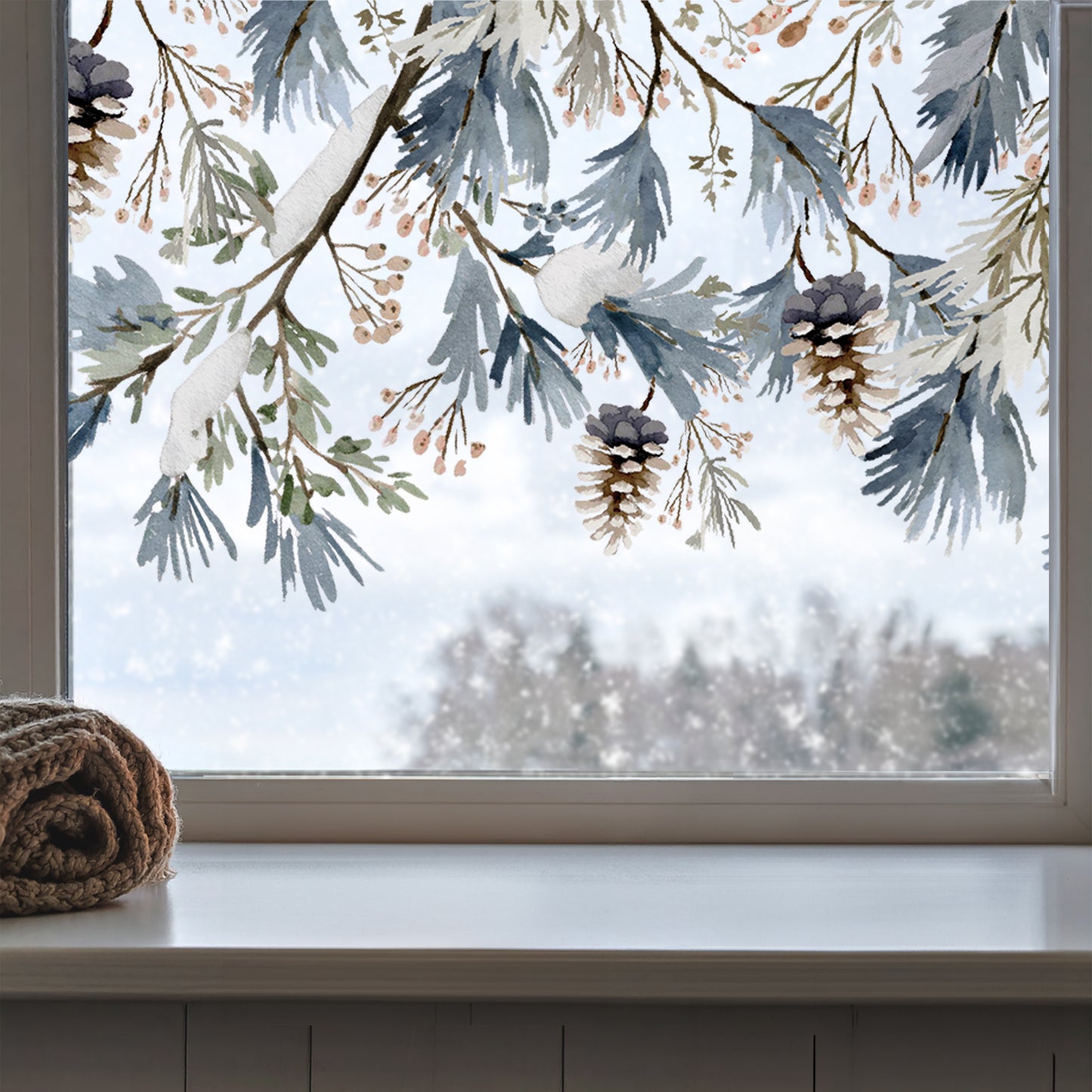 Winter Pine Cone & Branch Shop Window Decal Border for Christmas Decor