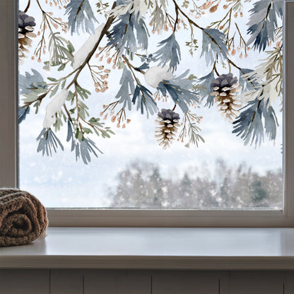 Winter Pine Cone & Branch Shop Window Decal Border for Christmas Decor