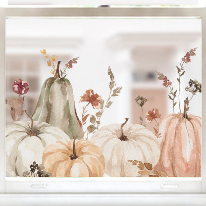 Neutral Pumpkins & Flowers Shop Window Decal Border for Autumn Display