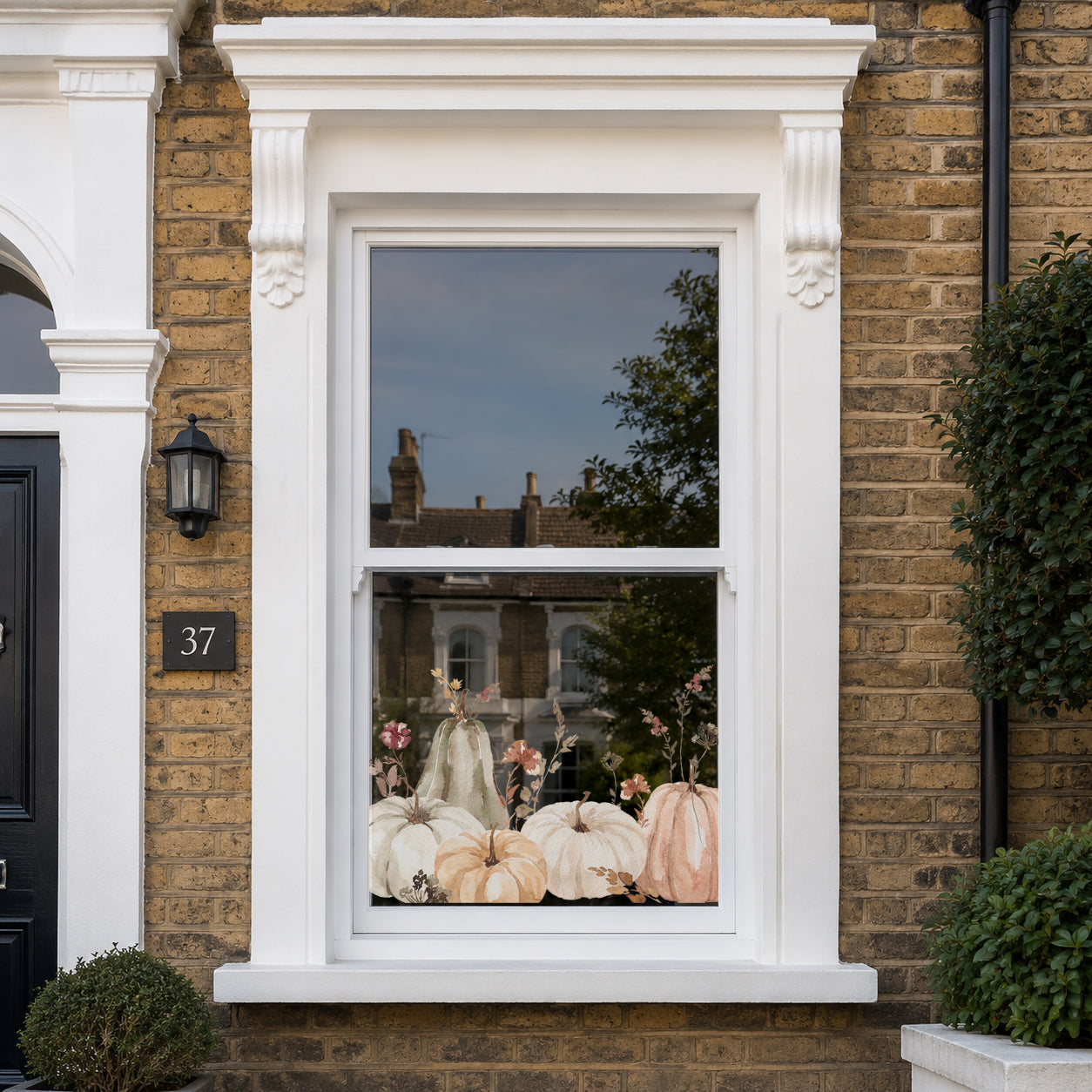 Neutral Pumpkins & Flowers Shop Window Decal Border for Autumn Display