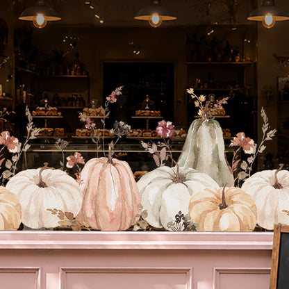 Neutral Pumpkins & Flowers Shop Window Decal Border for Autumn Display