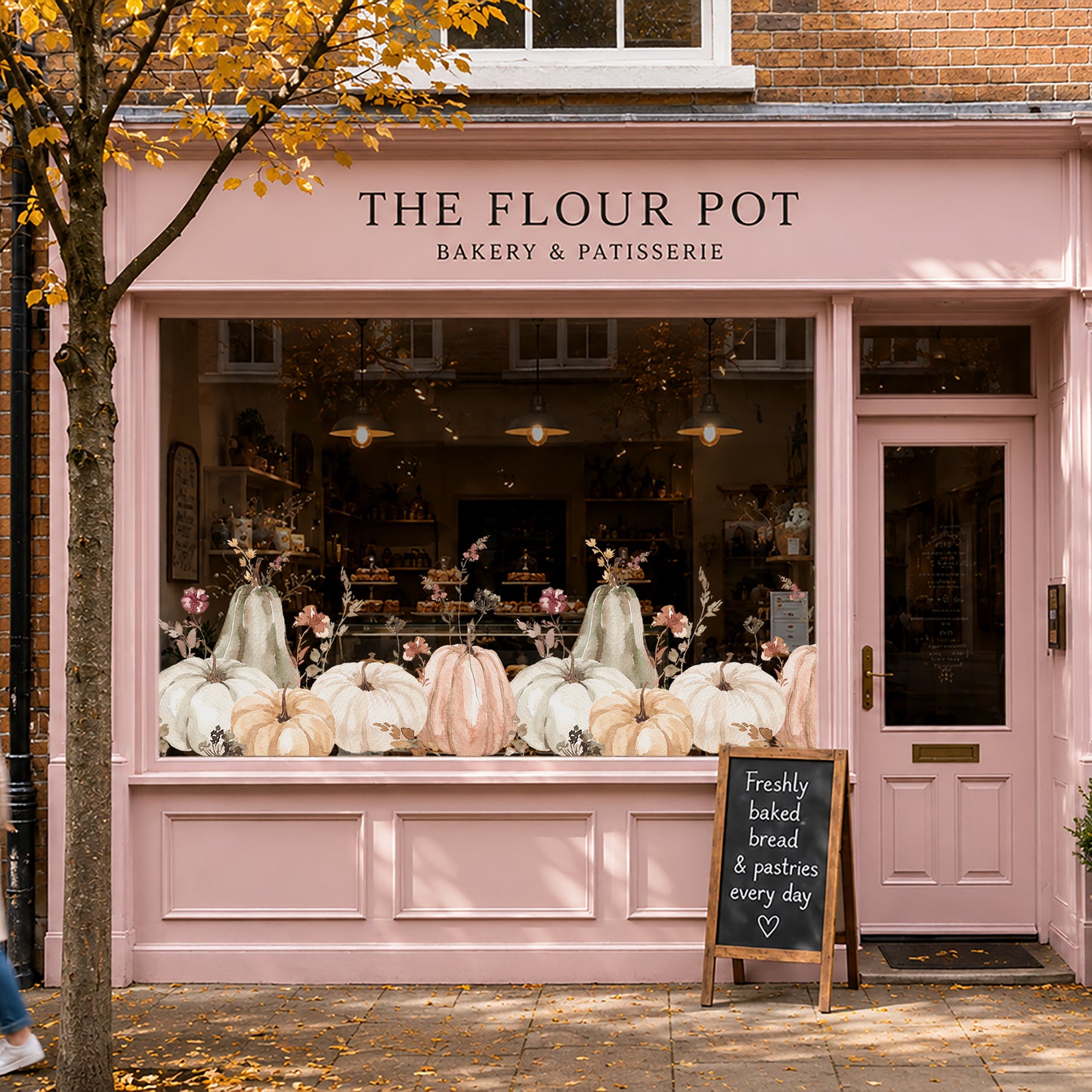 Neutral Pumpkins & Flowers Shop Window Decal Border for Autumn Display