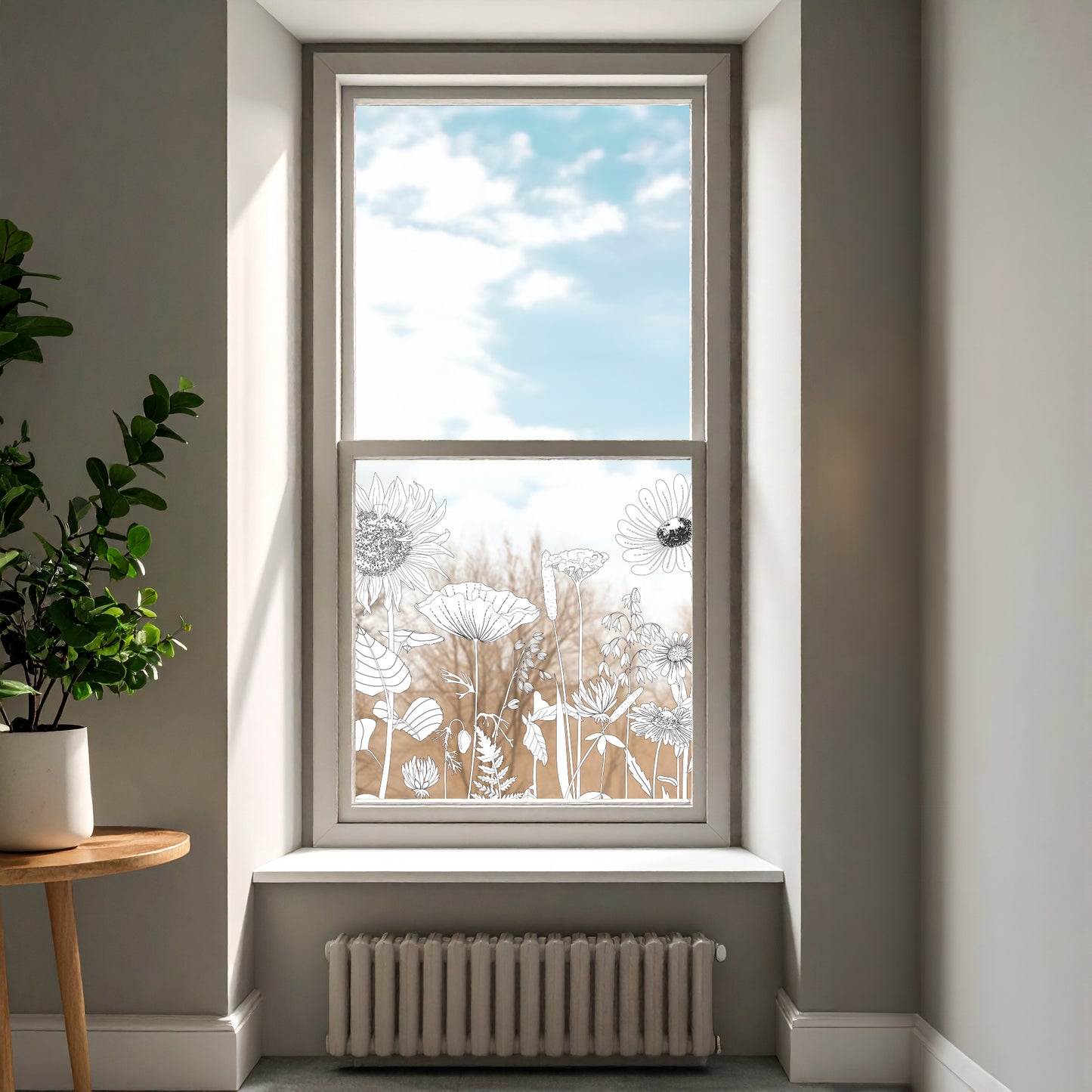 Retro Flowers Window Decal - B/W