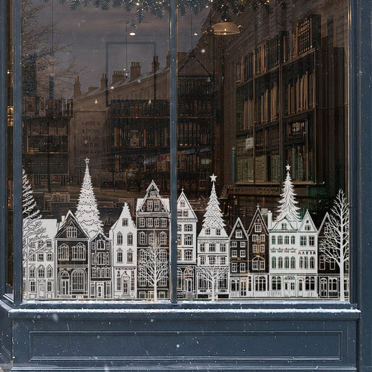 White Chrstmas Town Window Cling Border for Shop or Home Winter Decoration