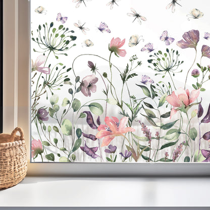 Pink Purple Summer Flowers Clear Window Decal Border - Bottom