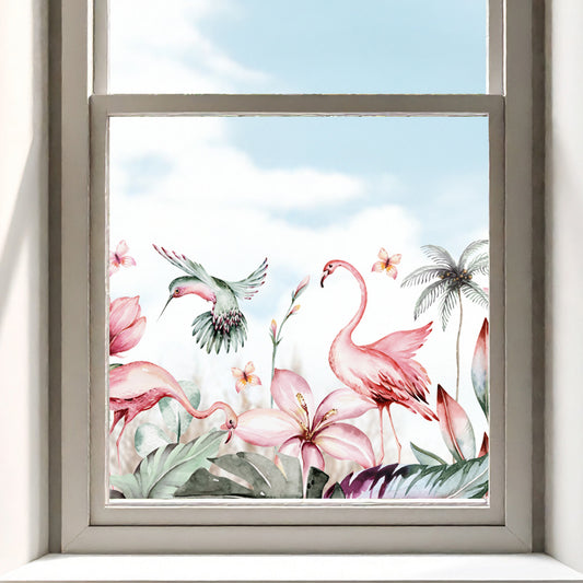 Tropical Flamingo Clear Border Privacy Window Decal