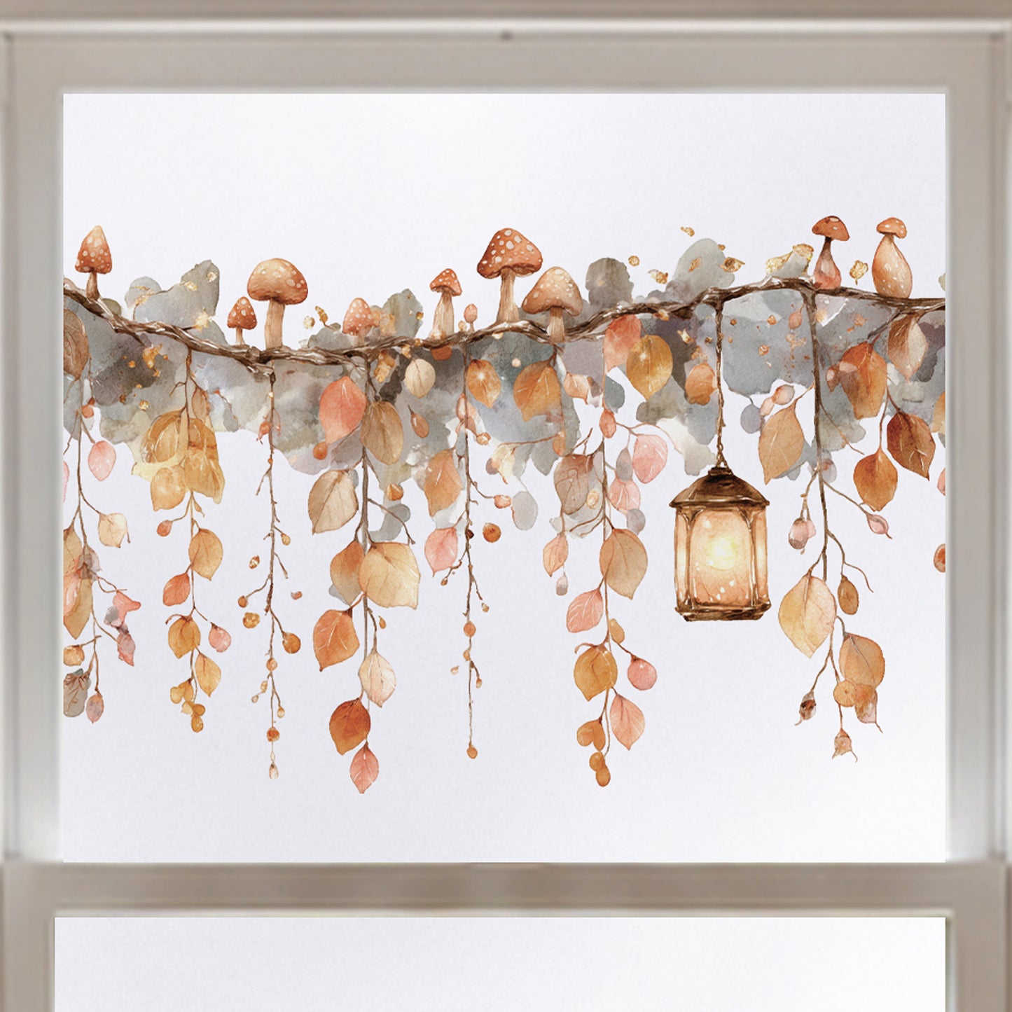 Whimsical Autumn Leaves & Lantern Window Cling for Shop Fall Display