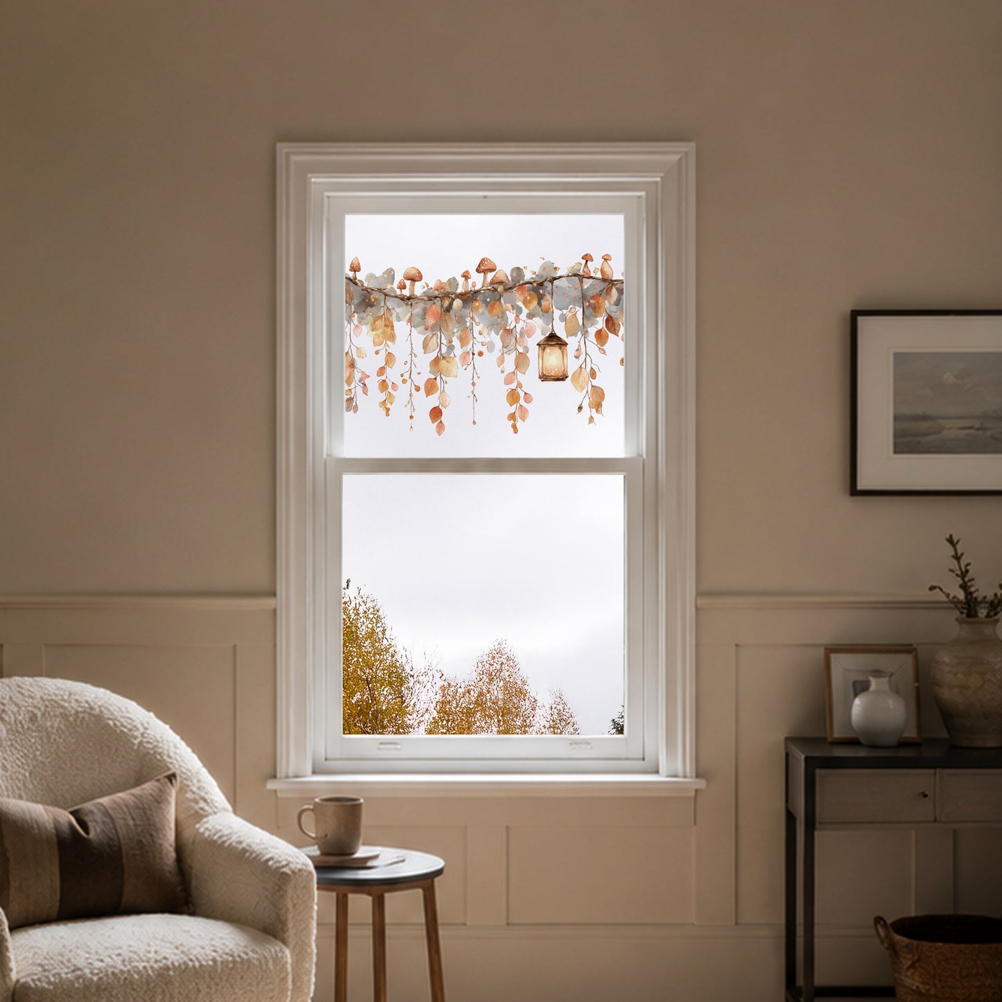 Whimsical Autumn Leaves & Lantern Window Cling for Shop Fall Display