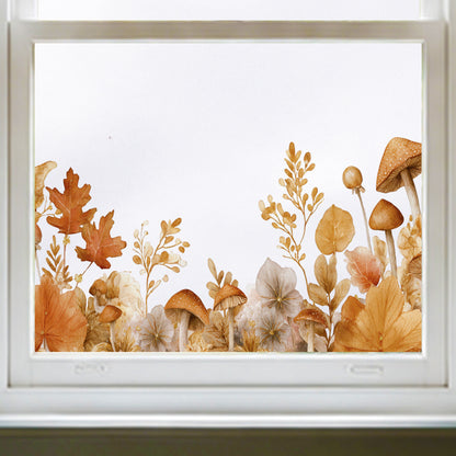 Whimsical Autumn Leaves & Mushrooms Window Cling for Shop Fall Display