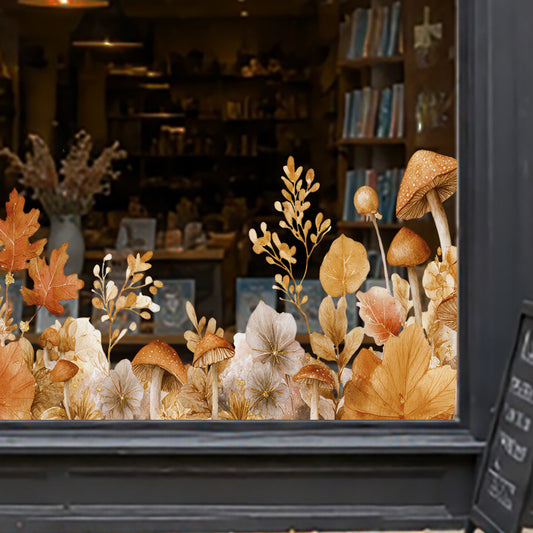 Whimsical Autumn Leaves & Mushrooms Window Cling for Shop Fall Display