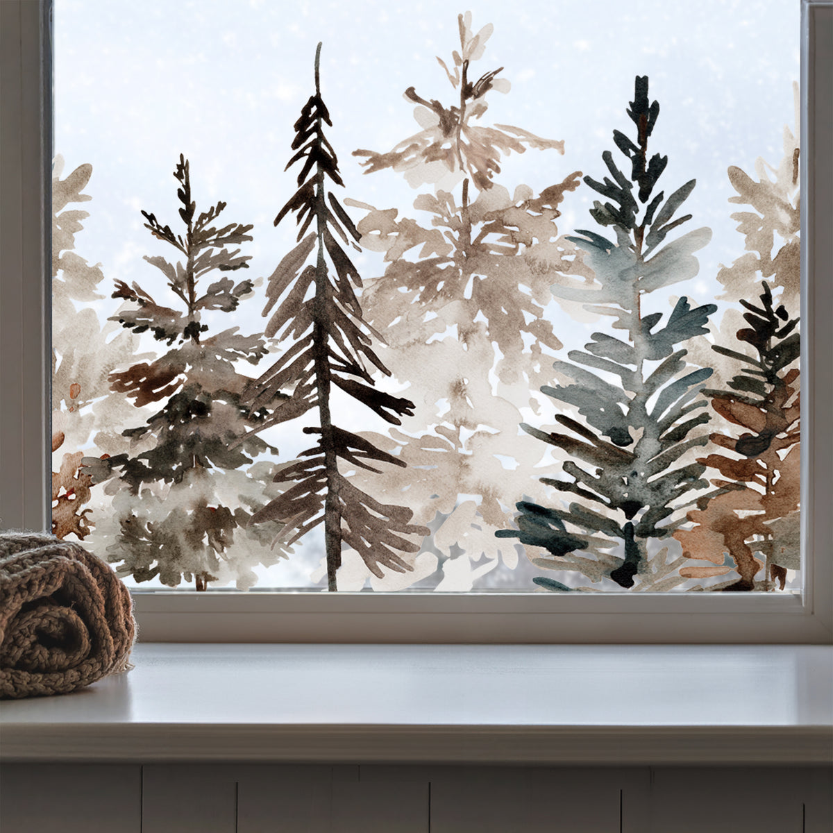 Watercolour Pine Tree Forest Window Cling Border - Christmas Decor for Shops or Home