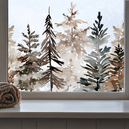 Watercolour Pine Tree Forest Window Cling Border - Christmas Decor for Shops or Home