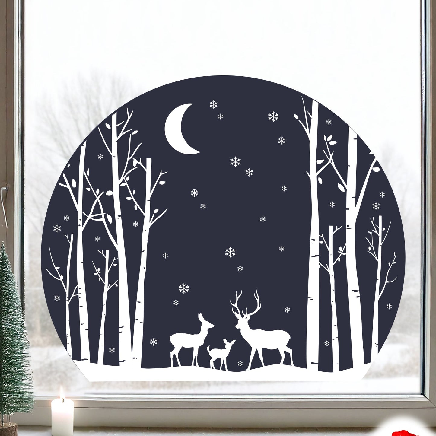 Stag & Birch Circle Window Decal - Blue