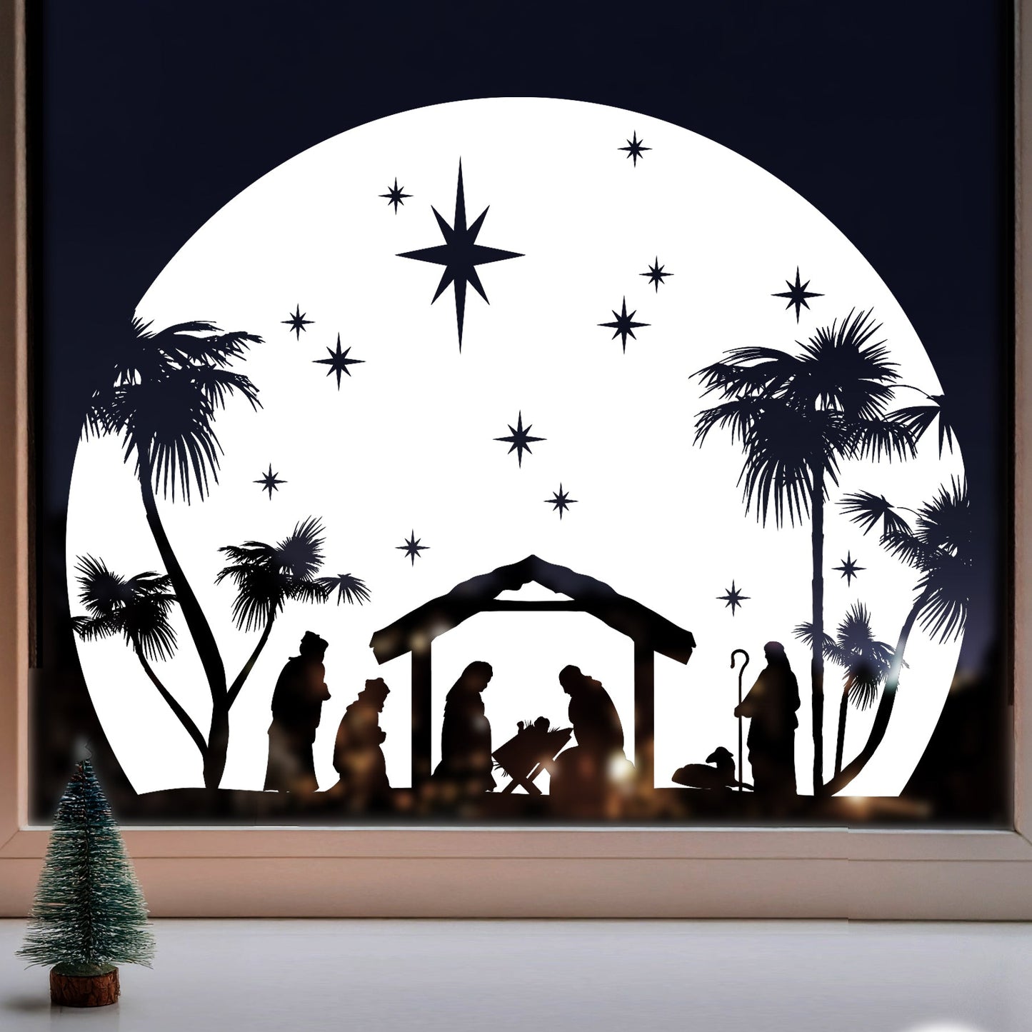 Christmas Nativity Circle Window Decal - White
