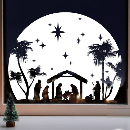 Christmas Nativity Circle Window Decal - White