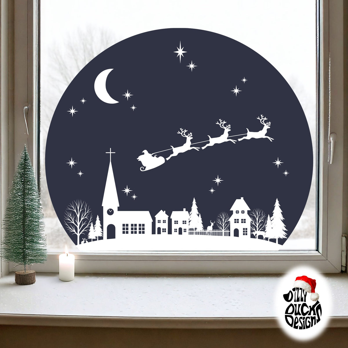 Christmas Village Circle Window Decal - Blue
