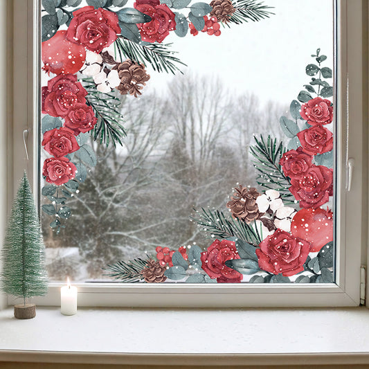 2x Winter Roses Window Decal Corners