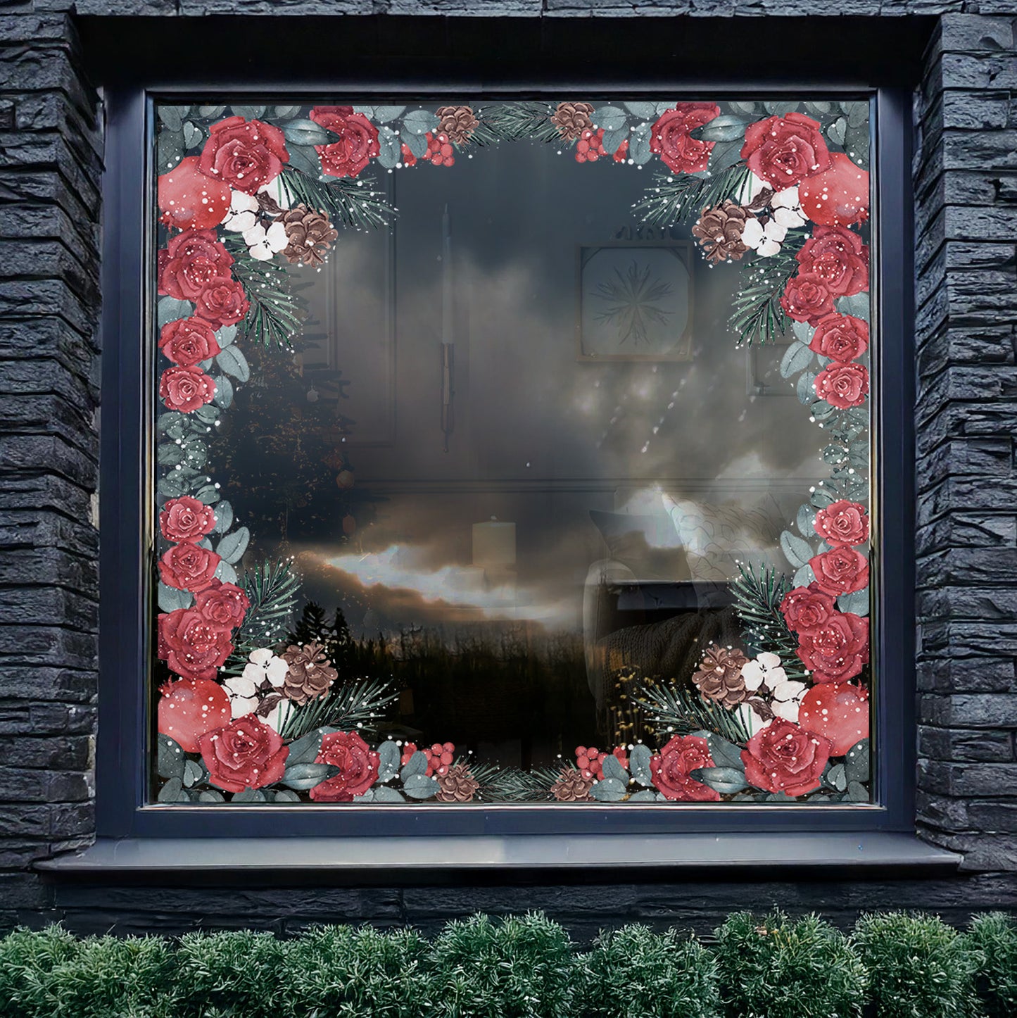 2x Winter Roses Window Decal Corners