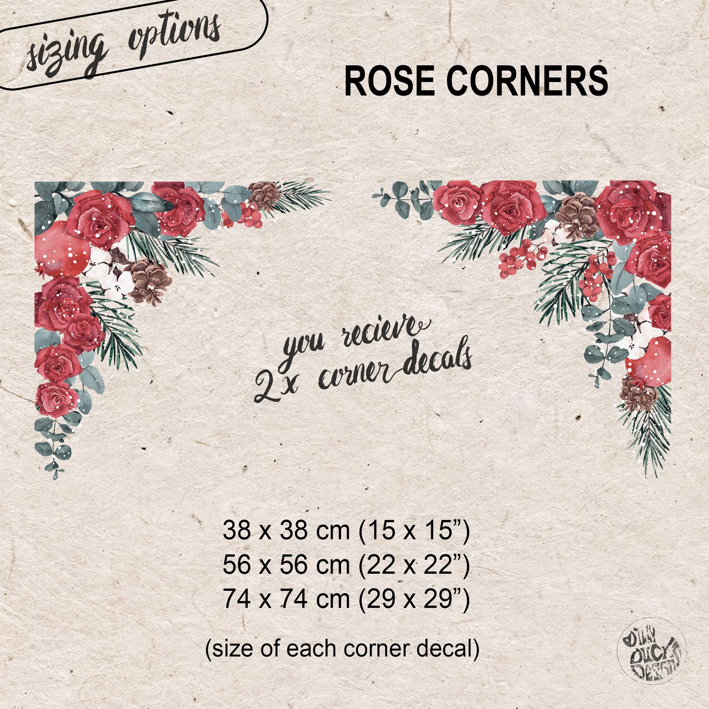 2x Winter Roses Window Decal Corners