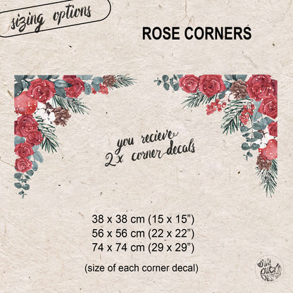 2x Winter Roses Window Decal Corners