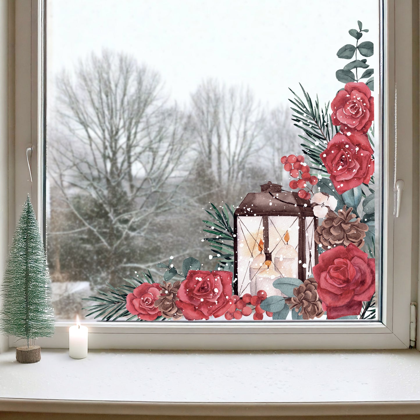 2x Winter Roses Window Decal Corners