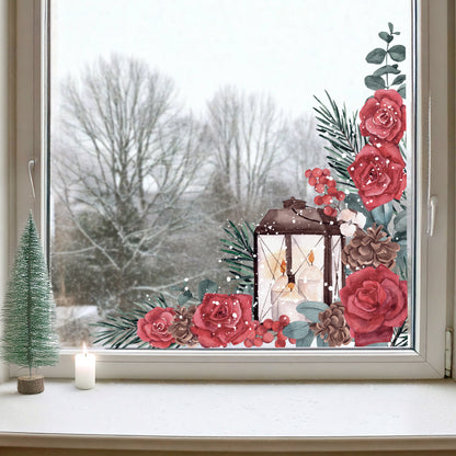 2x Winter Roses Window Decal Corners