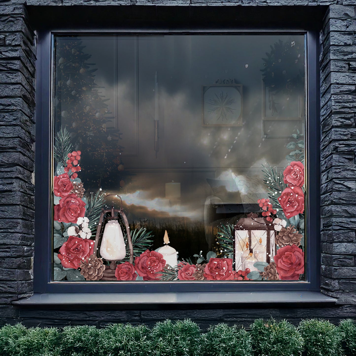 2x Winter Roses Window Decal Corners