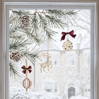 2x Burgundy Baubles + Pine Corner Window Clings - Reusable Decor for Christmas (Copy)